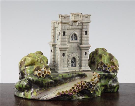 A rare Staffordshire pearlware model of a castle tower or hunting lodge, c.1820, 13.5cm